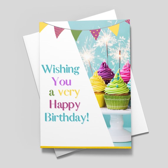 birthday card with colorful cupcakes and festive banner