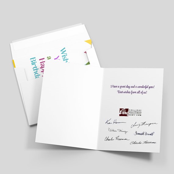 colorful birthday greeting card with text and signatures