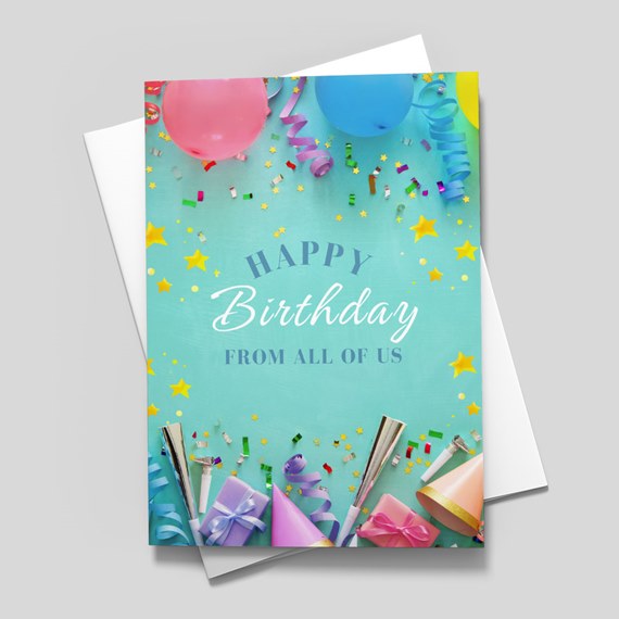 birthday card with balloons and party hats, customizable text area