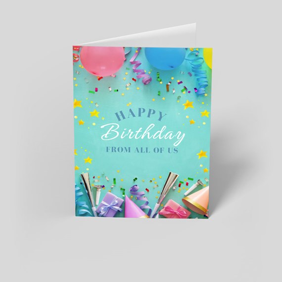 birthday card with colorful balloons and party decorations