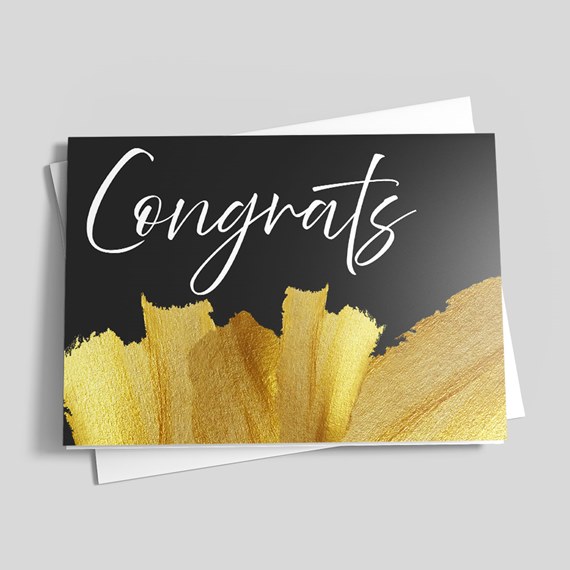 greeting card with congrats text and gold brushstroke design