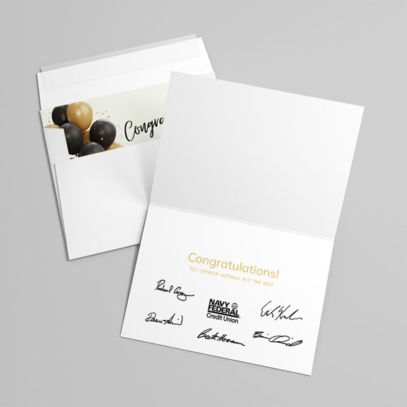greeting card with signatures and logo, envelope with balloon design