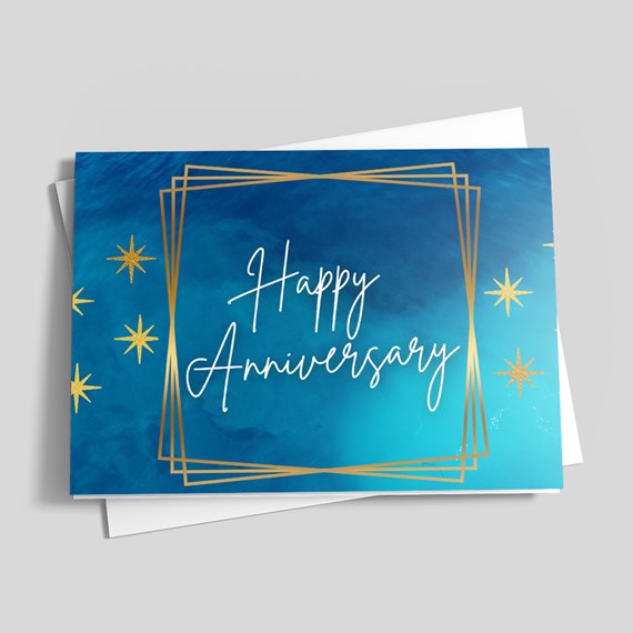 anniversary card with blue background and gold accents