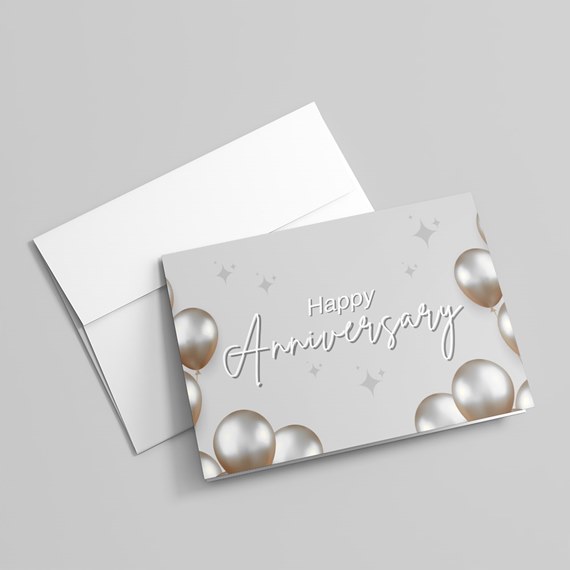 anniversary card with silver balloons and customizable text area
