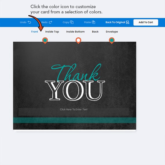 thank you card with black background and teal accents