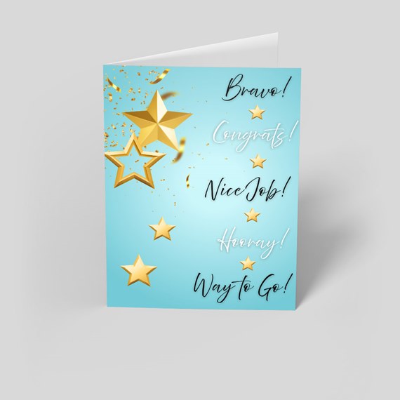 celebratory card with text and star motifs