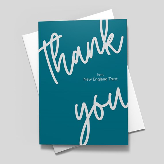 thank you card with teal background and white text