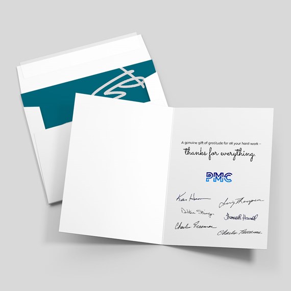 teal border card with gratitude message and signature area