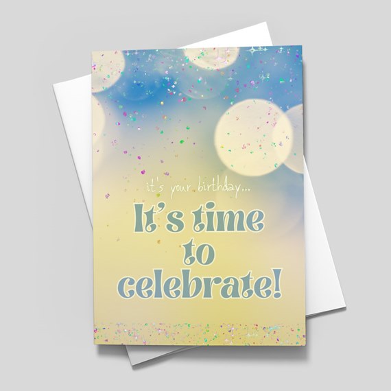 birthday card with bokeh background and confetti