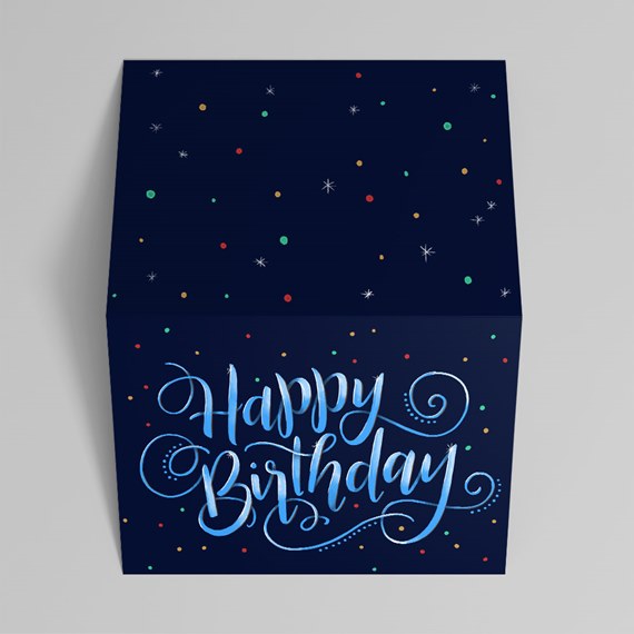 birthday card design with colorful dots and script text