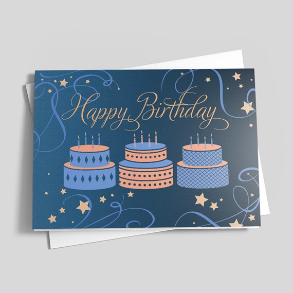 birthday card with cake illustrations and decorative elements