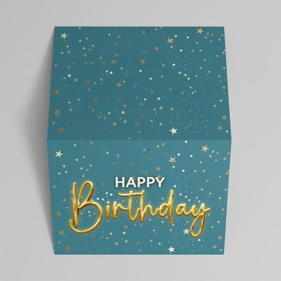 teal birthday card with stars and text