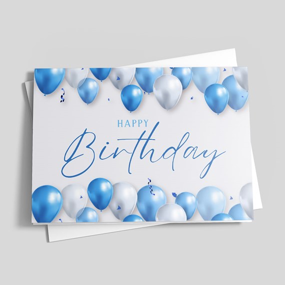 birthday card with blue and silver balloons and 'HAPPY Birthday' text