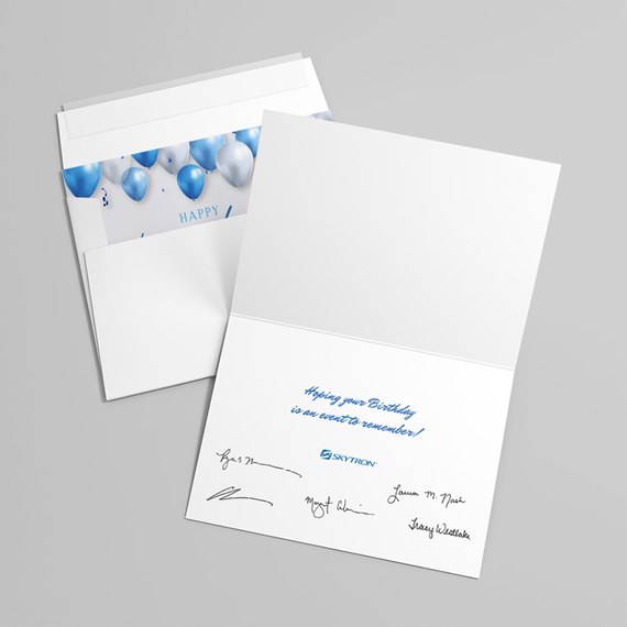 birthday card with balloon design and blue text