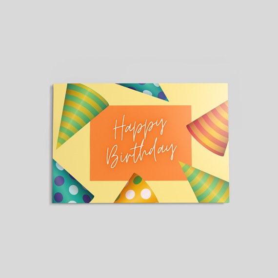 birthday card with party hats and customizable text area
