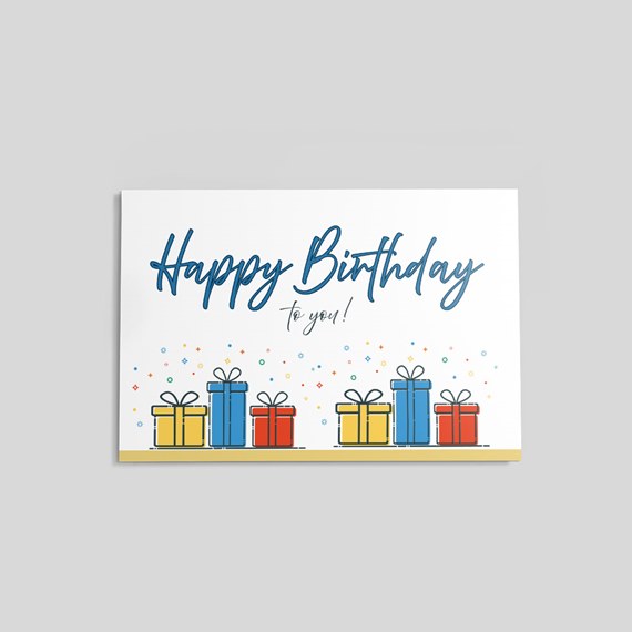 birthday card with gift boxes and confetti