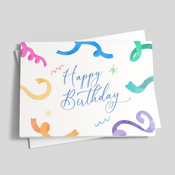 birthday card with colorful swirls and text