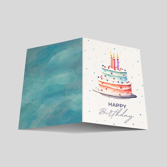 birthday card with cake illustration and watercolor background