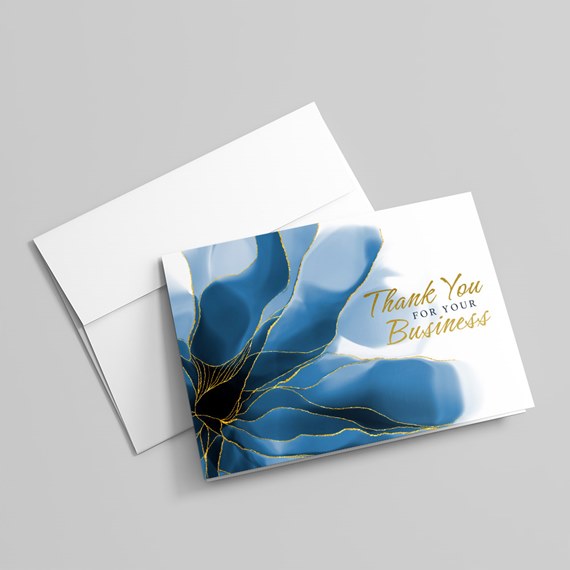 thank you card with blue floral design and gold text