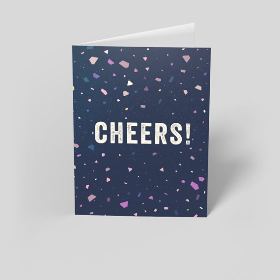 greeting card with confetti and cheers text
