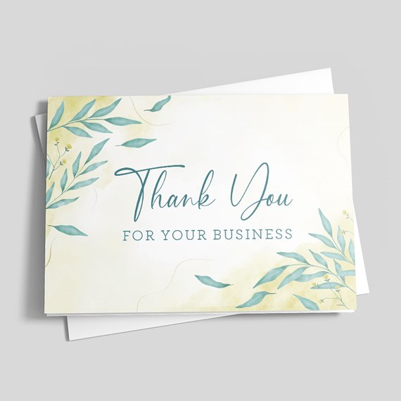 thank you card with green leaves and customizable text area