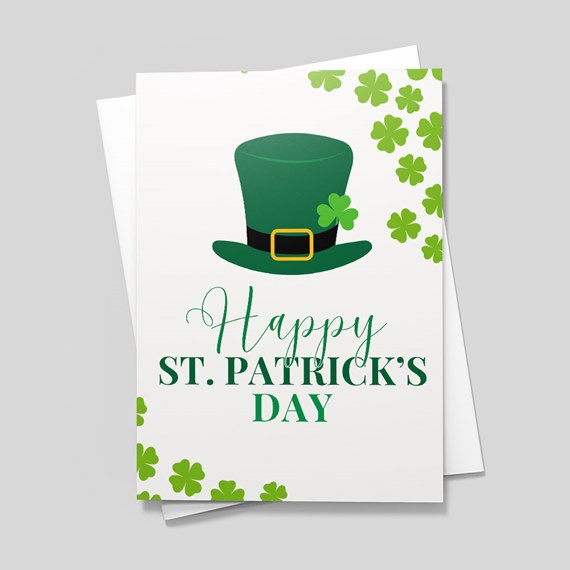 green leprechaun hat with shamrocks, festive greeting card