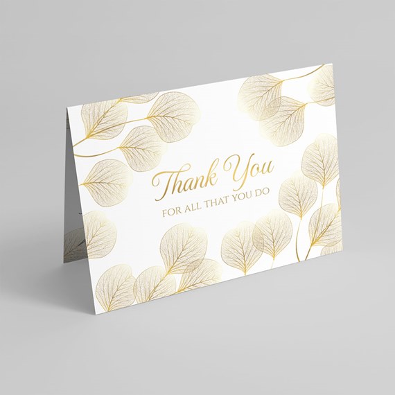 thank you card with gold leaf design and text