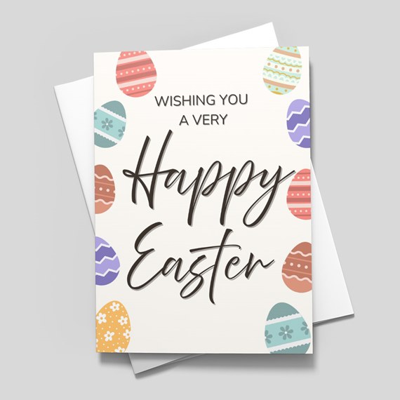 Easter greeting card with decorative eggs and text