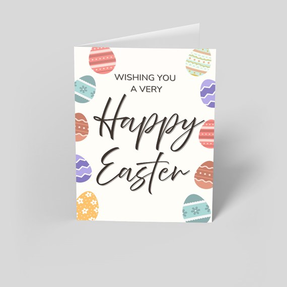 Easter greeting card with colorful egg design and text