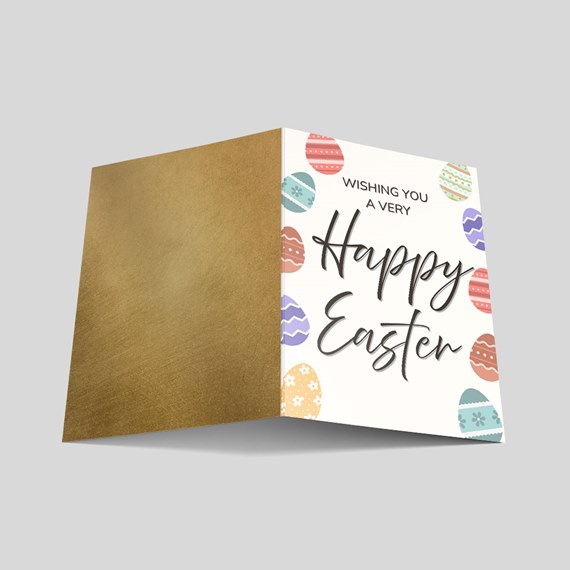 Easter greeting card with colorful eggs and text