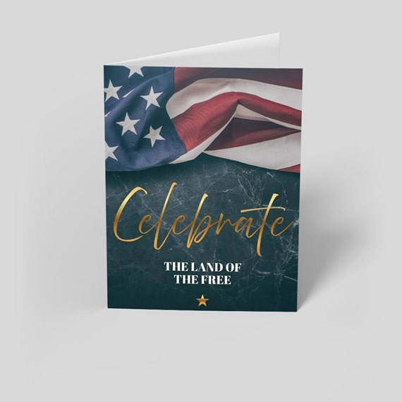 greeting card with American flag and celebratory text