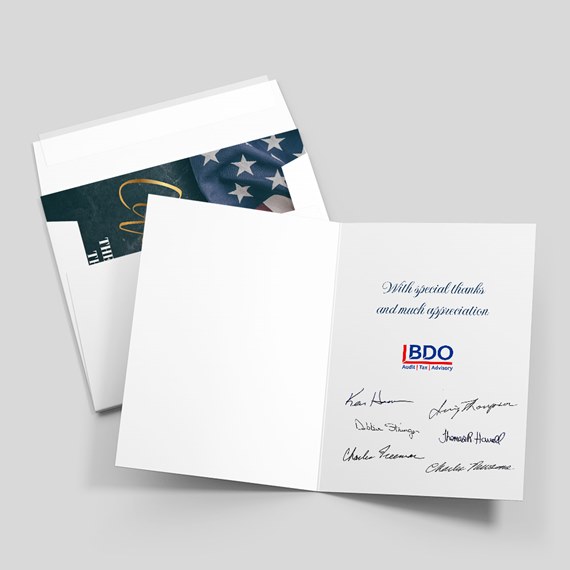 card with appreciation message and signatures, flag-themed envelope