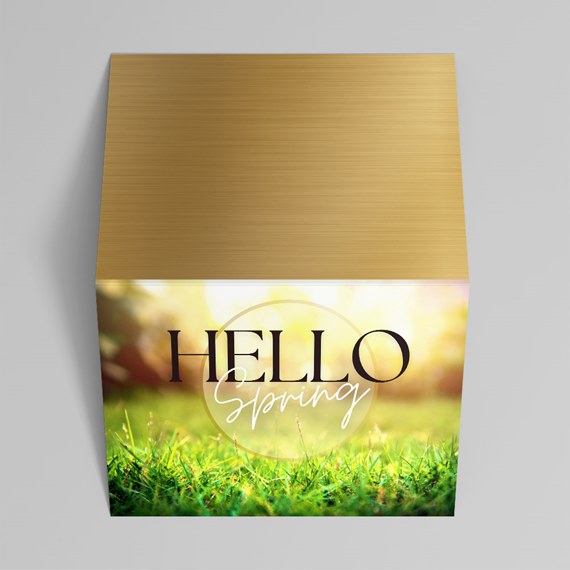 gold box with greenery and sunlight design, 'HELLO Spring' text