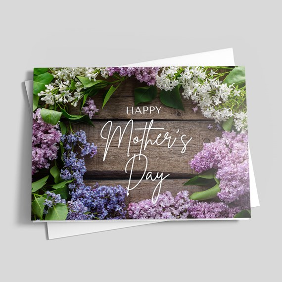 floral mother's day card with wooden background and text