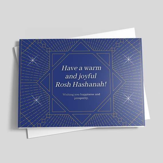 blue and gold greeting card with geometric star pattern and text