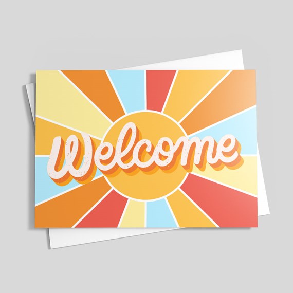 colorful welcome card design with sun and rays