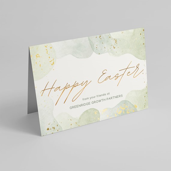 greeting card with watercolor design and gold text