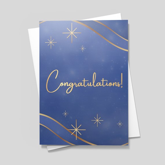 blue congratulations card with gold accents and star motifs
