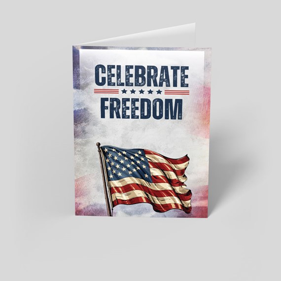 greeting card with celebrate freedom text and american flag illustration