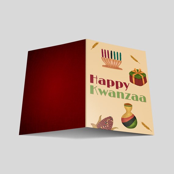 greeting card with Happy Kwanzaa text and festive illustrations