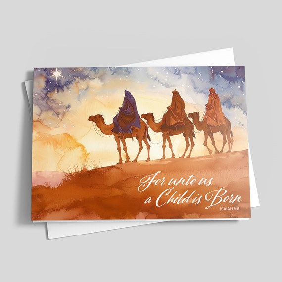 watercolor illustration of camels with riders, text area