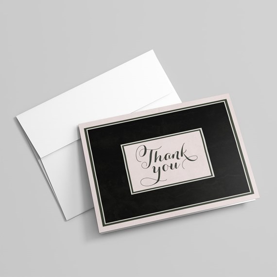 thank you card with black background and white border, photo placeholder