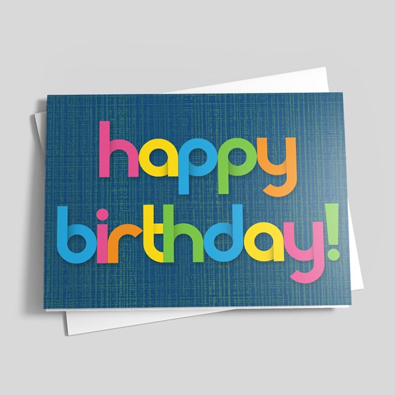 birthday card with colorful text on blue background
