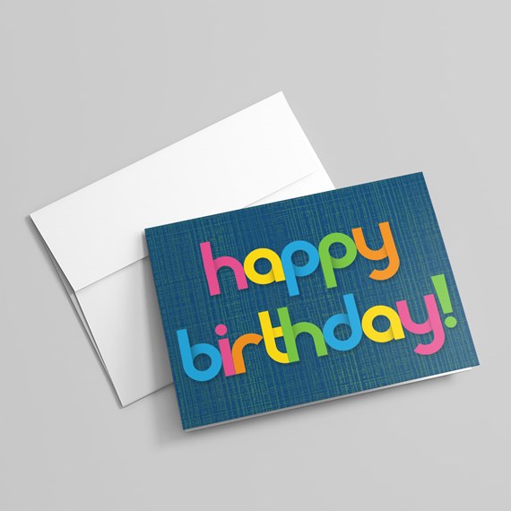 birthday card with colorful text on blue background