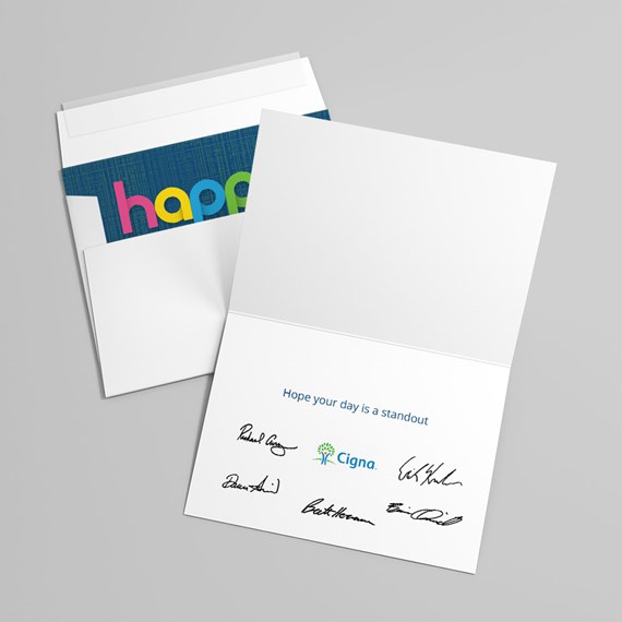 greeting card with colorful text and printed message