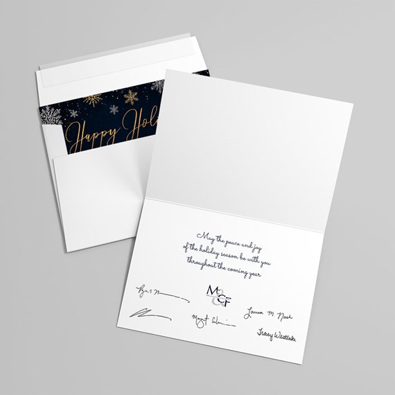 holiday card with gold and navy design, customizable text area