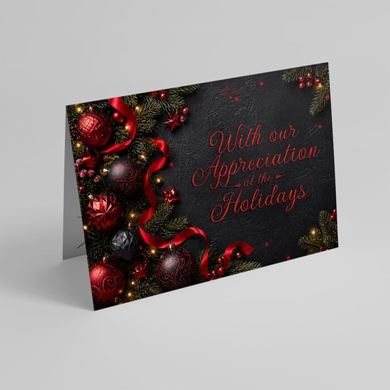 holiday card with ornaments and ribbon