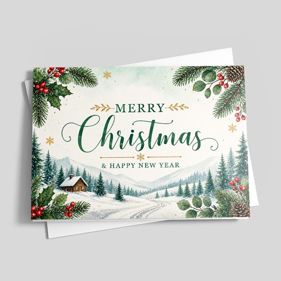 holiday greeting card design with winter landscape and text