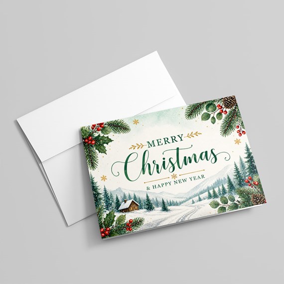 holiday greeting card with winter landscape and text