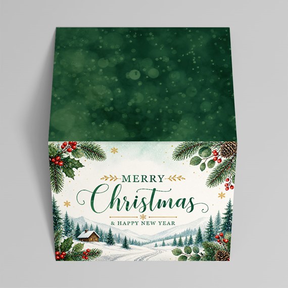 green box with winter scene and holiday text